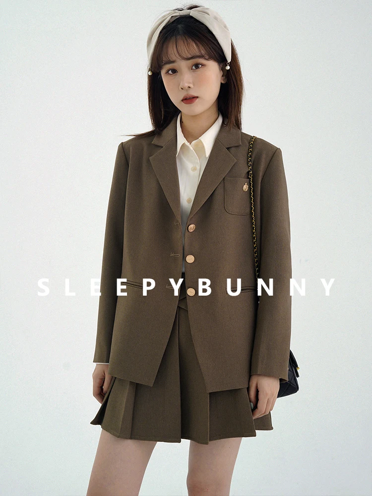 

Brown Blazer Pleated Skirt Set Women Korean Preppy Outfit Loose Fit Suit Jacket High Waist Mini Skirt Two Piece Uniform Style