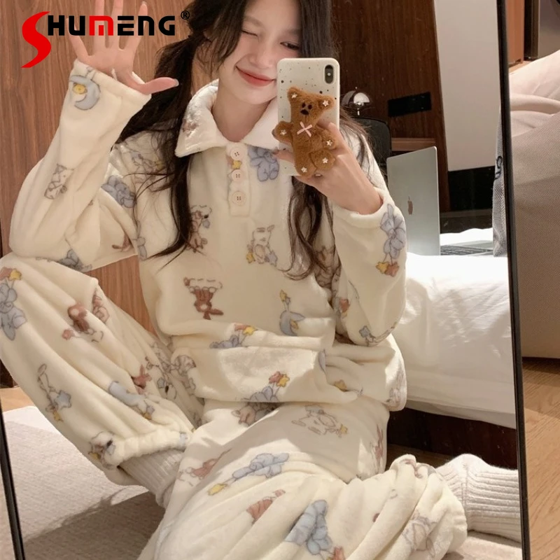 

Party Cartoon Sweet Girl Pajamas Women Winter Thickened Fleece Lapel Homewear Set Female Japanese Style Loose Sleep Suits