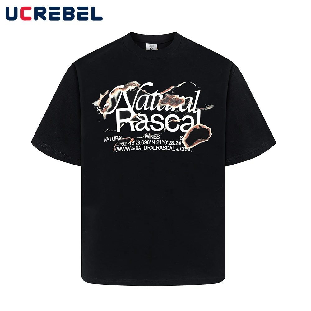 

Flame Letter Print Short Sleeve T-shirt Mens Summer High Street Cotton Loose Half-Sleeve Crew Neck Tee Men