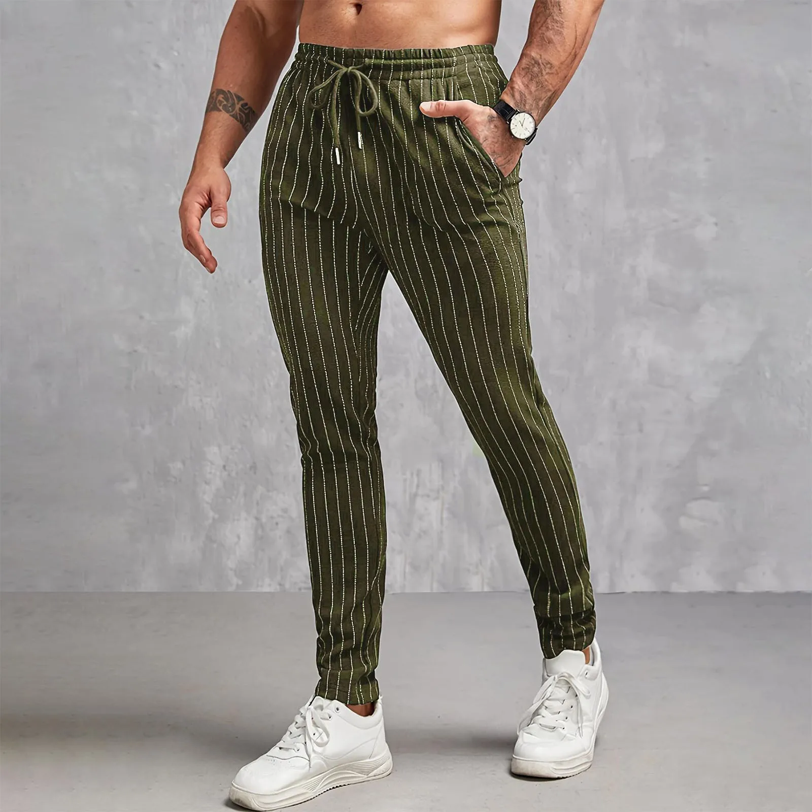 

Men Fine Striped Micro Elastic Small Leg Pants Business Casual Trend Drawstring Waist Comfortable Casual Long Pants With Pocket