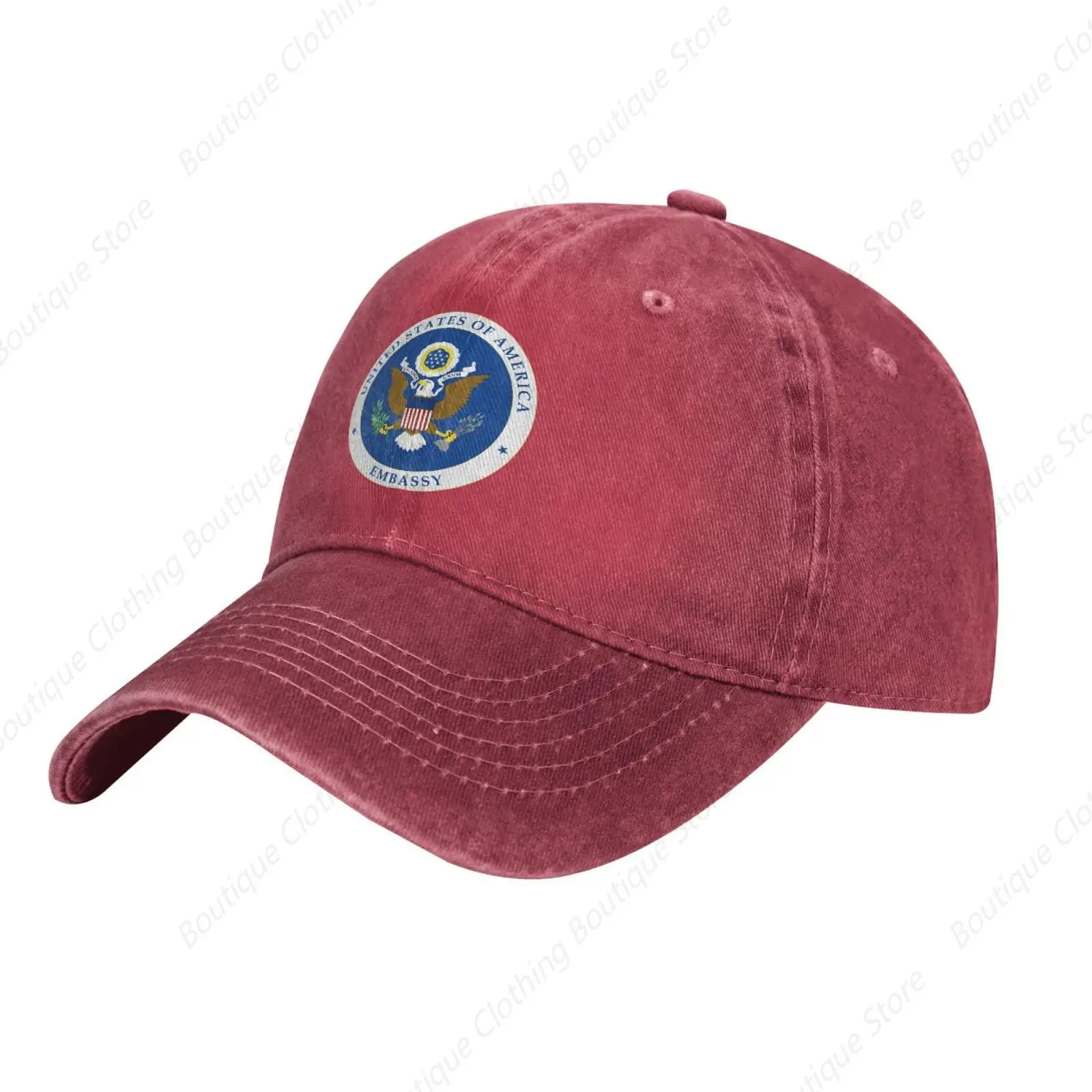 Seal of an Embassy of The United States of America Denim Cap Driver Cap Breathable Adjustable Dad Hat Red