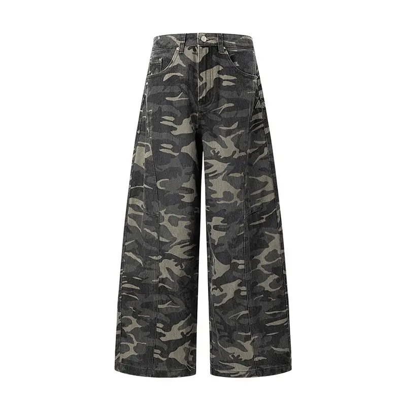 กางเกงยีนส์ขาบานลายพรางสไตล์วินเทจอเมริกัน เอวสูงทรงหลวมสบายๆ ยาวคลุมเท้า ทรงตรง สำหรับผู้หญิง ฤดูหนาว