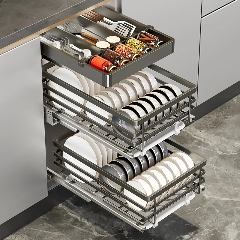 

Stainless steel small size drawer type double-layer kitchen cabinet bowl basket narrow cabinet 400/500 cabinet condiment basket