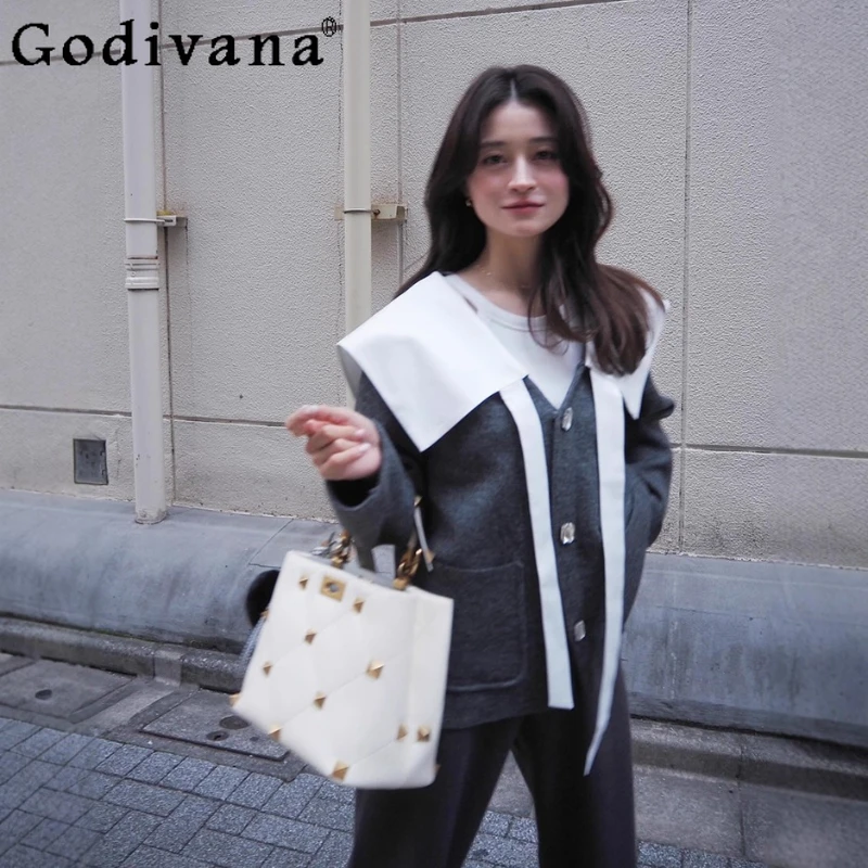 

Japanese Sweet Turn-Down Collar Knit Cardigan Spring Autumn New Women's Daily Loose Slim Fashion Casual Versatile Knit Jackets