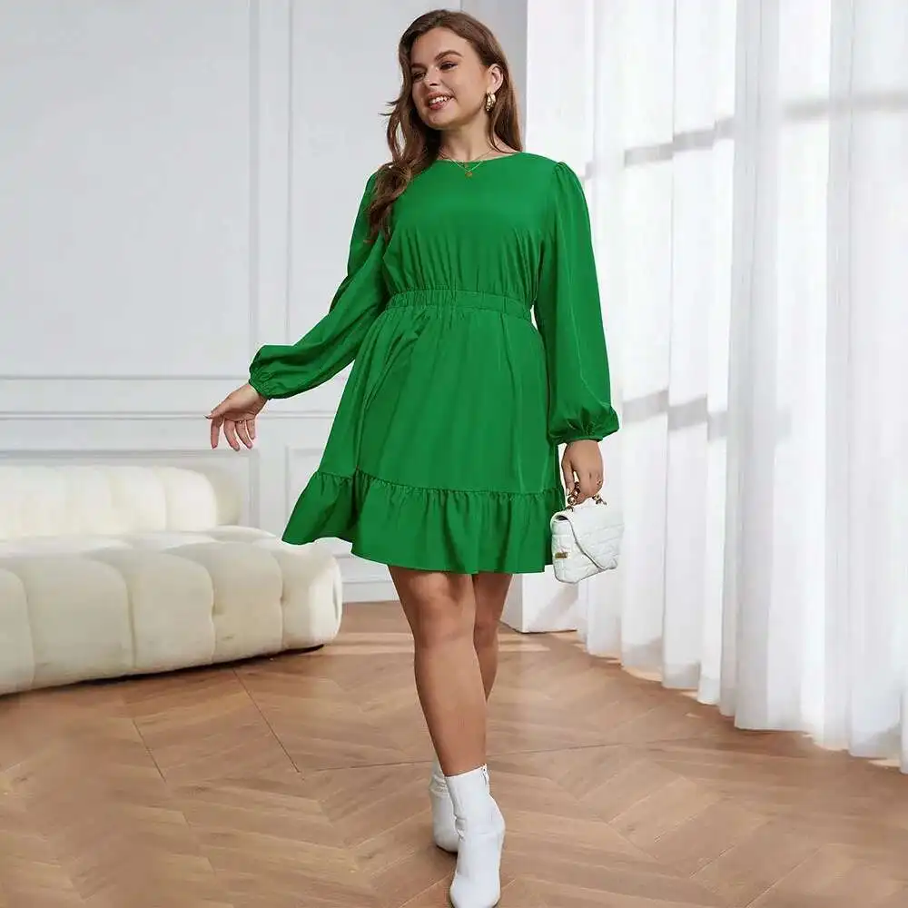 ผู้หญิงขนาดใหญ่ 2025 ฤดูใบไม้ร่วงและฤดูหนาวRuffle EdgeเอวCinchedกระโปรงสูงรอบคอแขนยาวอารมณ์ชุดY2k