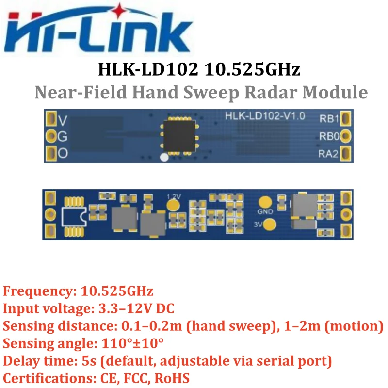 Free ship HLK-LD102 10.525GHz Microwave Radar Sensor 3.3-12V 15mA 110° 0.1-2m Adjustable Delay Serial Port Control CE FCC RoHS