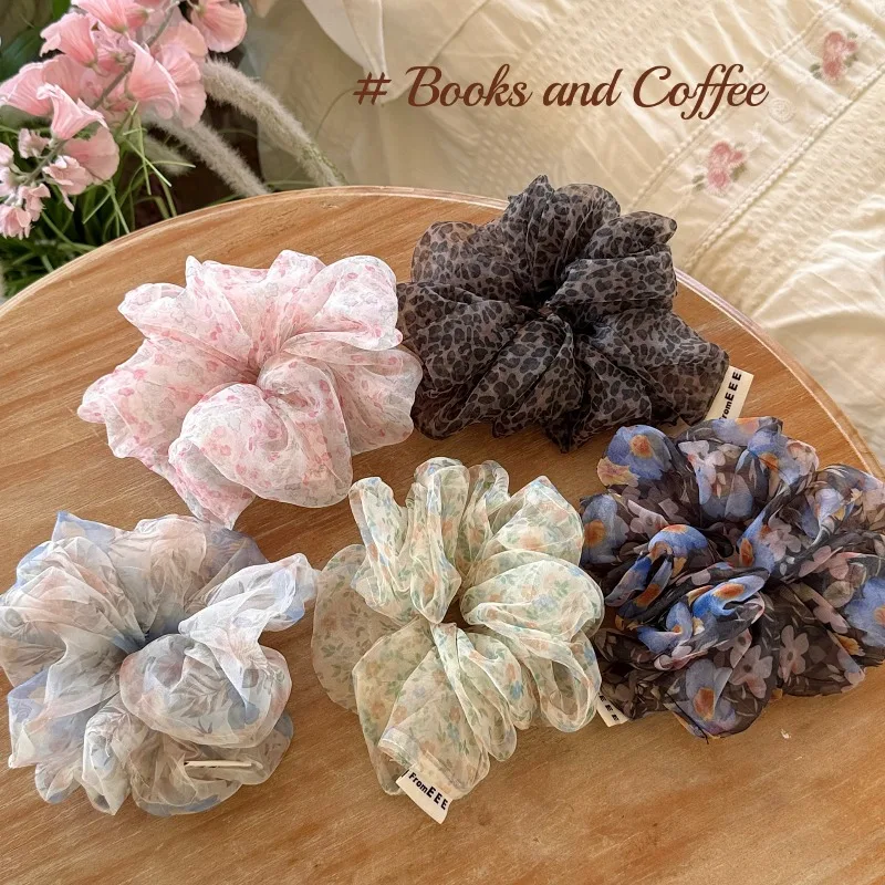 High-Appearance Luxury Satin Hair Scrunchie Floral Tulle hair tie Elastic Hair Bands for Women Ponytail Holder