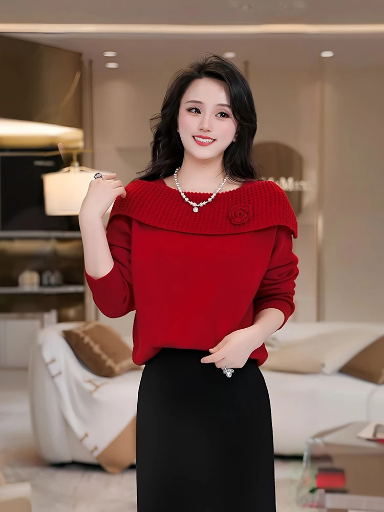 

Red One-oulder Knitted Sweater Base irt Women's Spring Autumn Outerwear Inner Match Gentle Rose Sle Loose Fit Long Sve