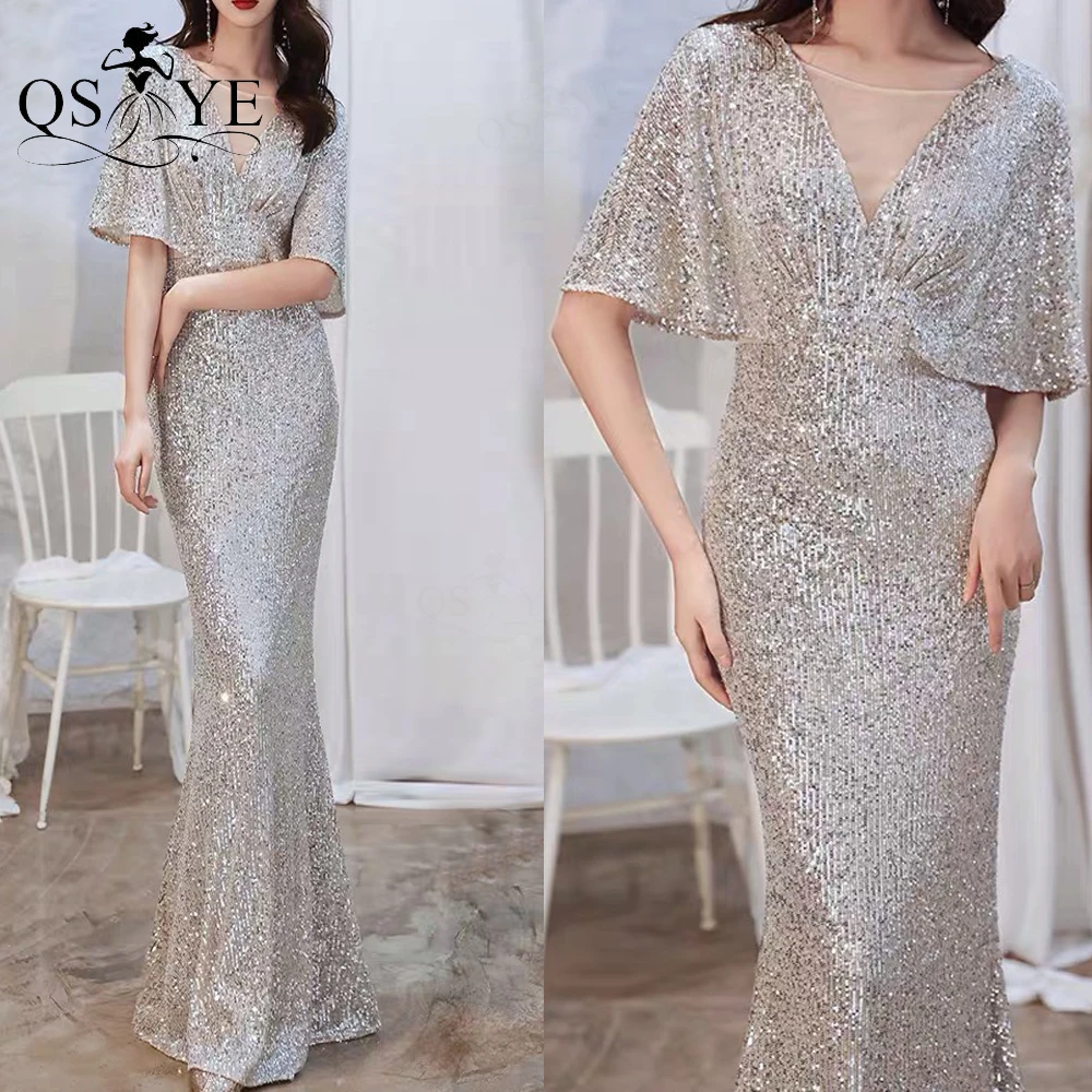 Batwing Sleeved Silver Evening Dresses 2023 Mermaid Sexy V Neck Cheap Gown Prom Glitter Elegant Short Sleeves Long Party Dress