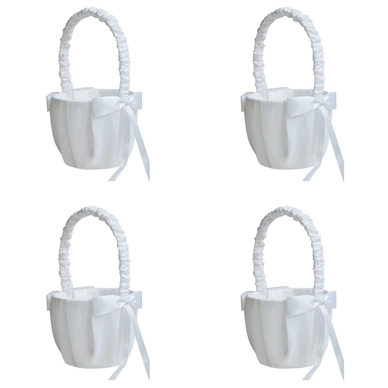 

4X Romantic Bowknot White Satin Wedding Ceremony Party Flower Girl Basket