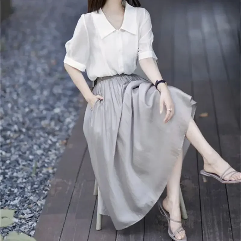 ใหม่ Elegant ฤดูร้อนกระโปรงผู้หญิงแฟชั่นเอวสูงสีทึบ Draped A-Line Midi กระโปรง Casual หลวม Flared Swing Jupe