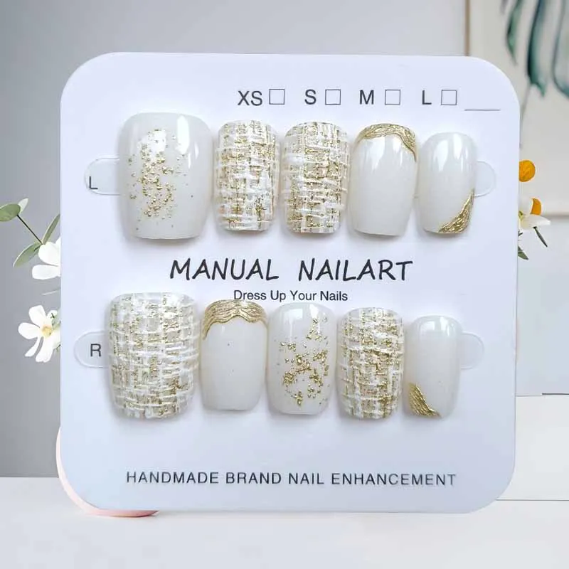 10 قطعة زهرة ذهبية عين القط ضوء فاخر ثلاثية الأبعاد تصميم اضغط على الأظافر مزاجه تظهر أوف وايت صغيرة طازجة زهرة الأظافر وهمية