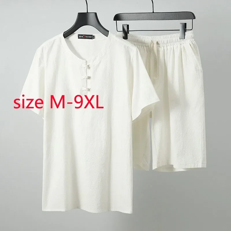 New Arrival Fashion Summer Short Sleeve Shorts Cotton Hemp Super Large Loose Casual Thin Men Set T Shirt Plus Size M-7XL 8XL 9XL