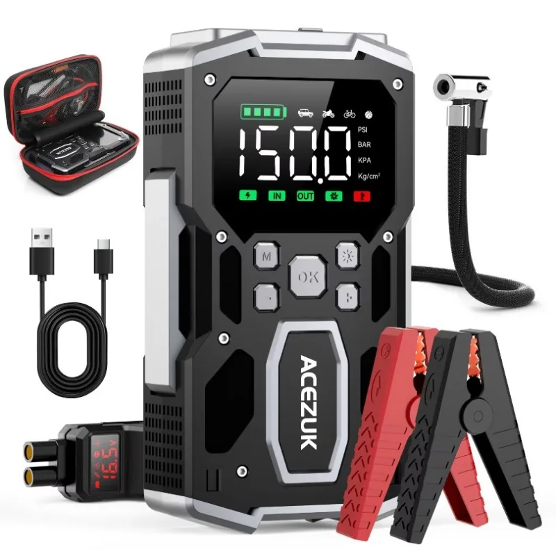 5 Star 2025 Portable Nultifunctional 12V Car Battery Jump Starter with air Pump air Compressor 150psi Tire Inflator Power Bank