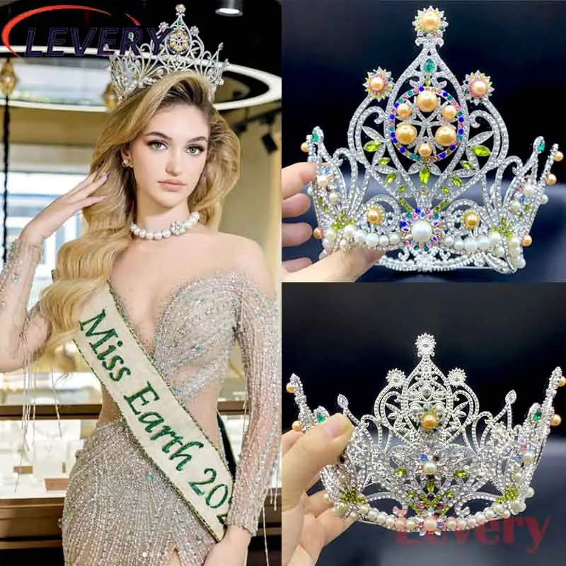 

Levery Design 2023 Miss earth Crown Brida Crystal Round Crown for Wedding Hair Accessories Bride Headdress for Pageant Fans