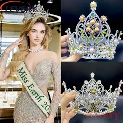 Levery Design 2023 Miss earth Crown Brida Crystal Round Crown for Wedding Hair Accessories Bride Headdress for Pageant Fans