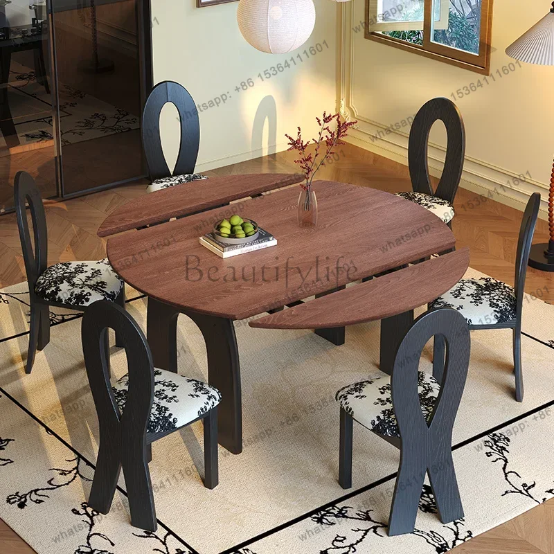Medieval style dining table solid wood retractable into round French style household jumping table dining table and chair