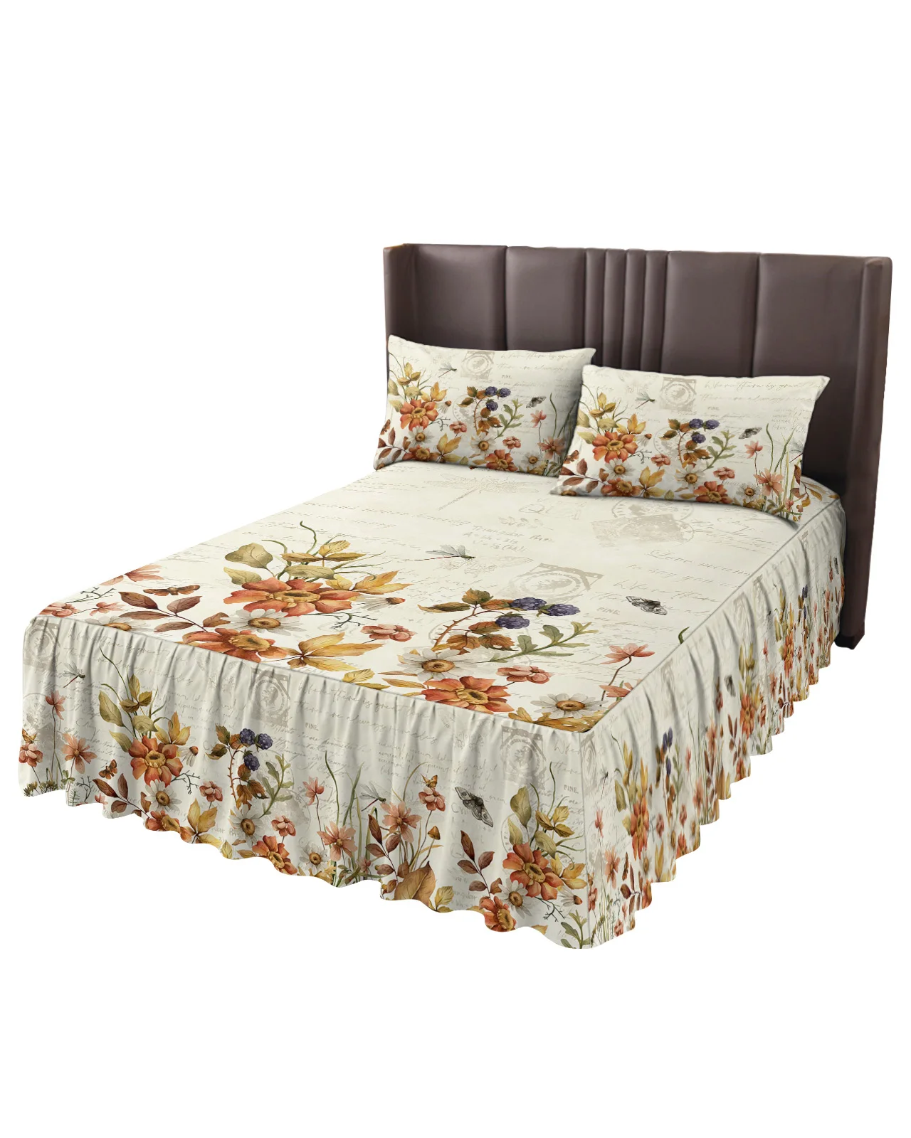 Fall Mushroom Flower Butterfly Dragonfly Bed Skirt Fitted Bedspread With Pillowcases Mattress Cover Bedding Set Bed Sheet