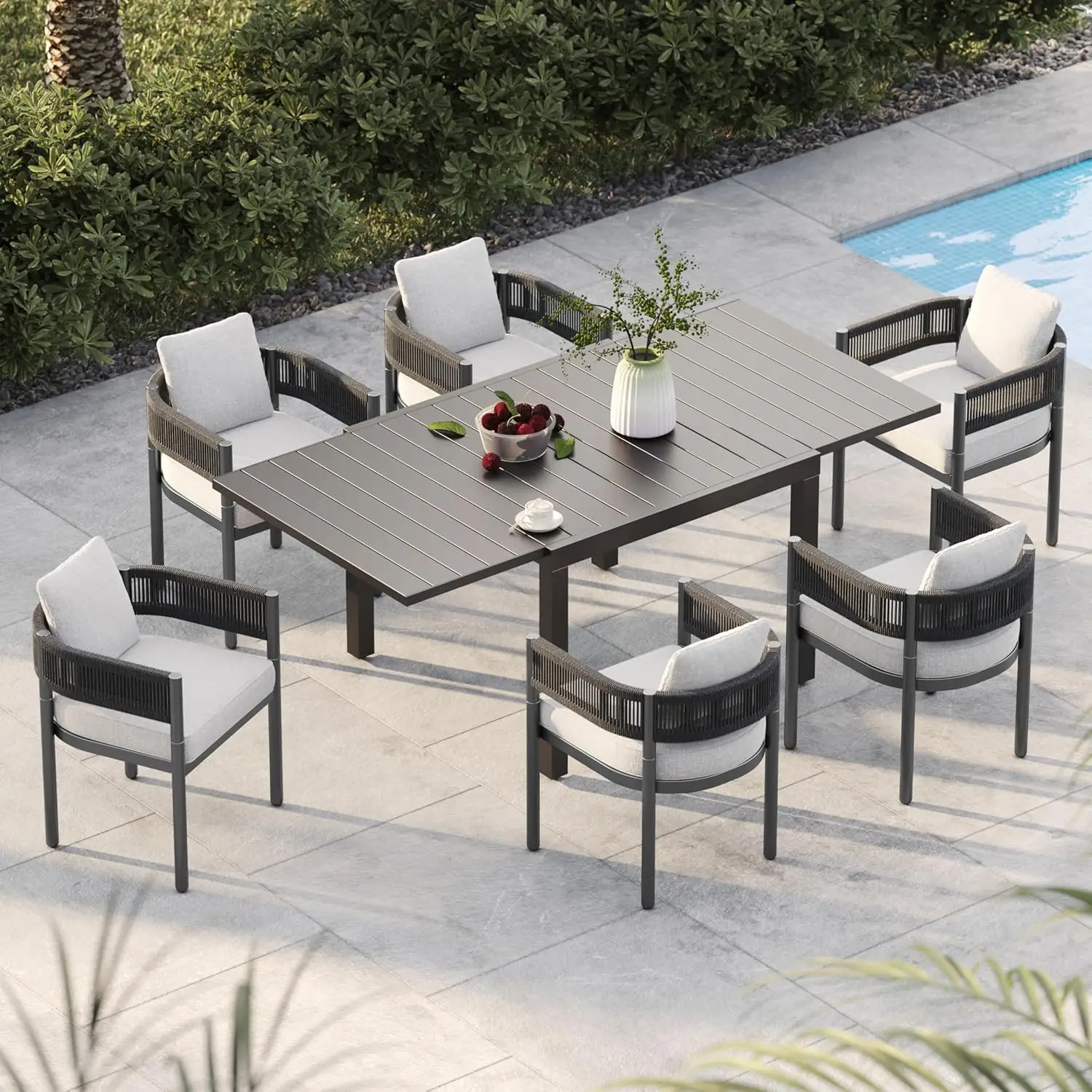 7-Piece Outdoor Dining Set for 6 with 1 Rectangle Expandable Table,Grey Metal Black Woven Wicker Fixed Patio Chairs