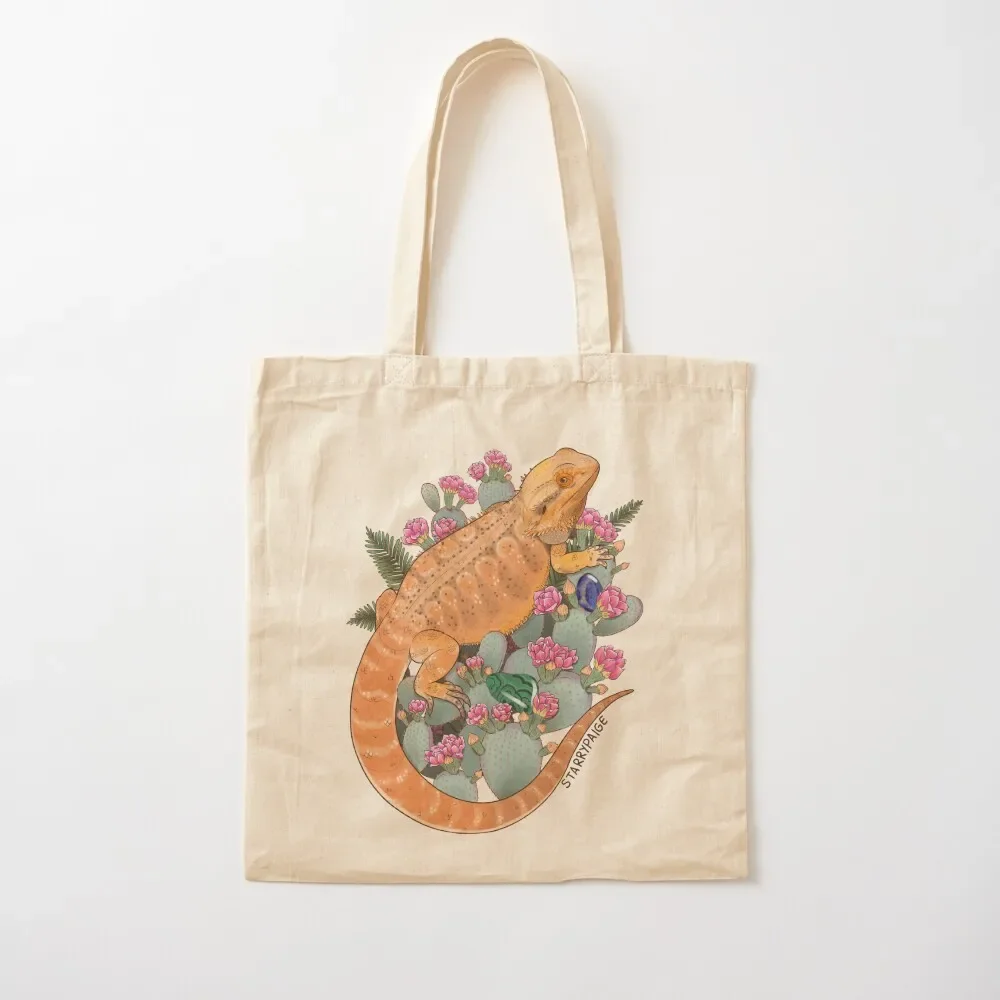 Dragón barbudo con cactus de opuntia floreciente y helechos de Boston con cristales Bolso de mano bolsos de compras bolsos de mano Bolso de mano