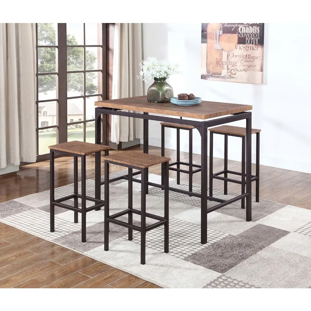 Five-piece Bar Table and Chair Set, Distressed Wood Tabletop, Metal Legs, Backless Bar Stools, Country Style