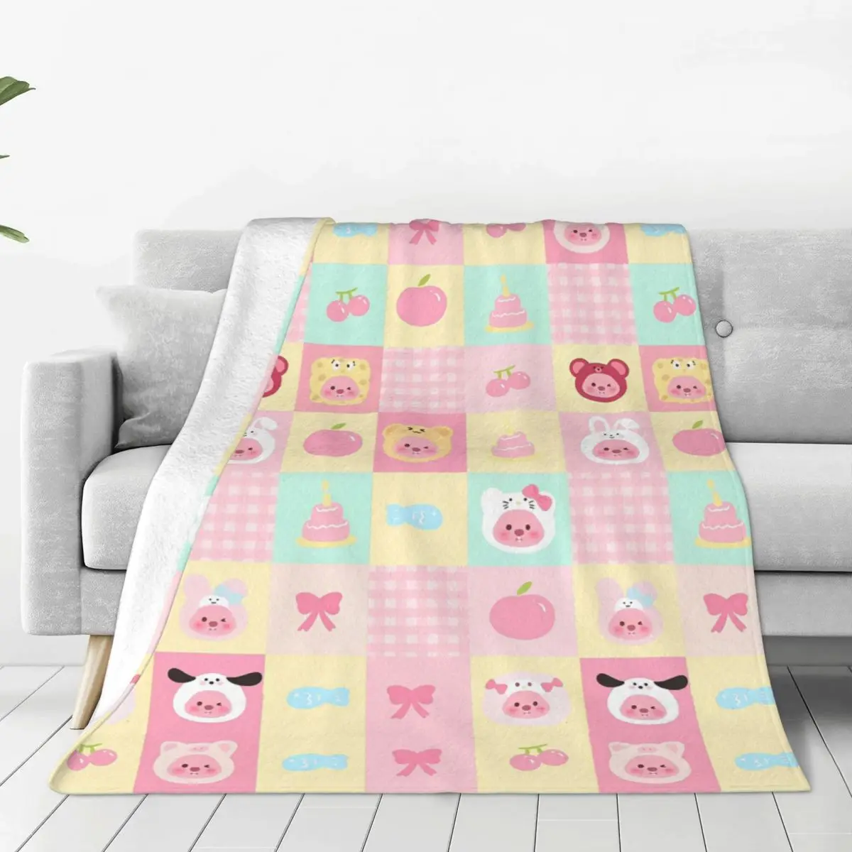 Zanmang Loopy Check Cartoon Fleece Throw Blanket Cute Kawaii Blankets for Sofa Car Lightweight Plush Thin Quilt