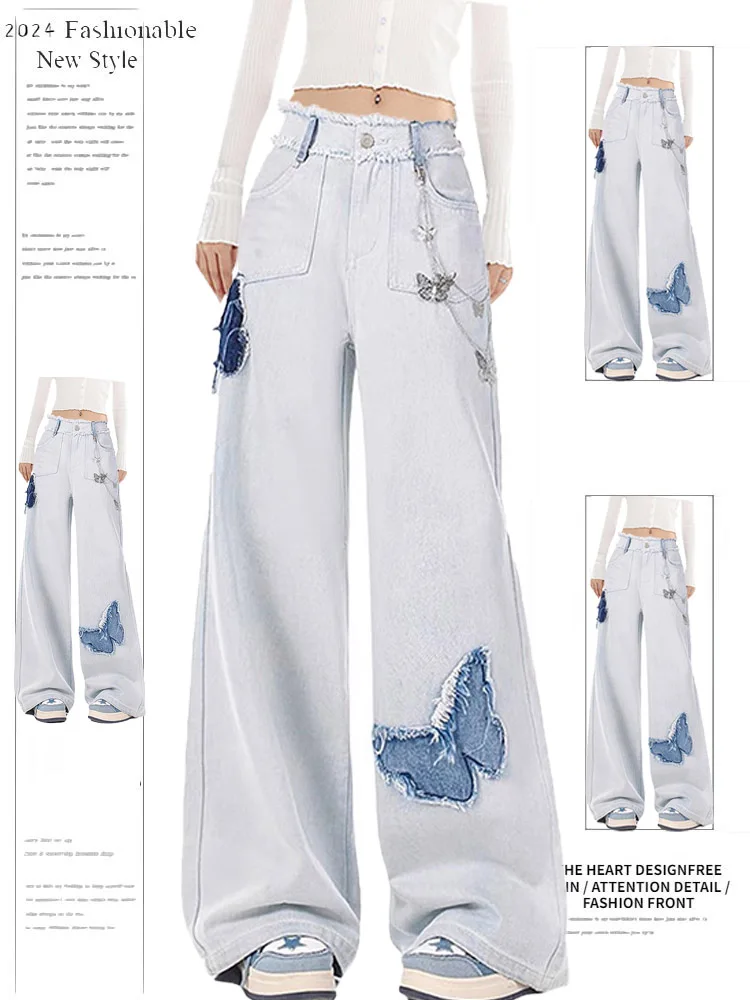 

American Sle Retro Embroidery Jeans Women's Loose High Waist Straight Leg Floor-Length Trousers Trendy Autumn New...