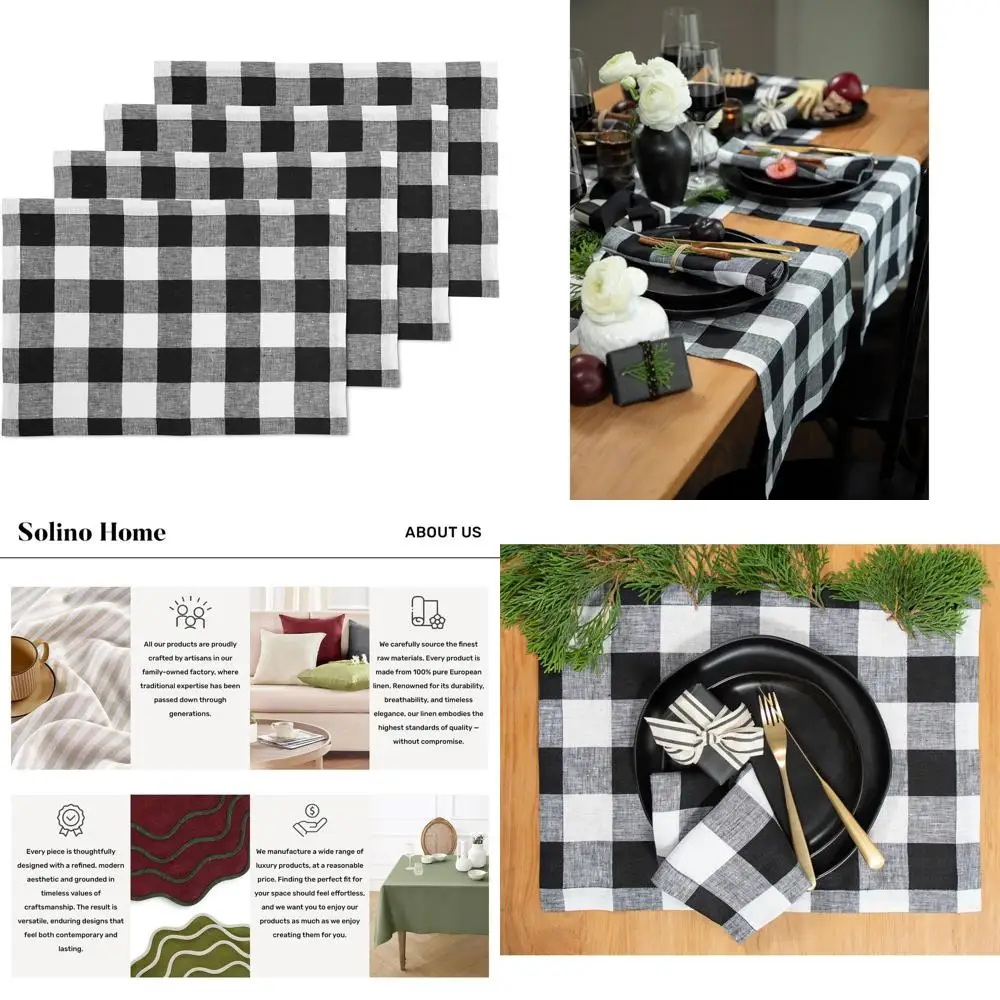 

Black and White Linen Buffalo Plaid Placemats Set of 4 - 100% Pure Linen, 14x19 Inches, Perfect for Farmhouse Winter and Holiday