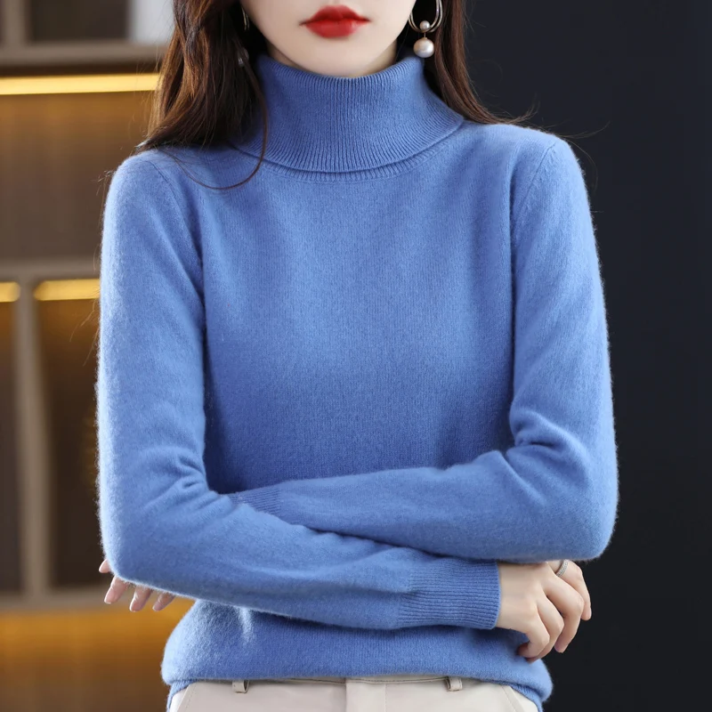 

Women's AutumnWinter Long Sleeved Solid Color Sweater High Neck Basic Multi-Functional Knit Jumper 100%Merino Pure Wool Pullover