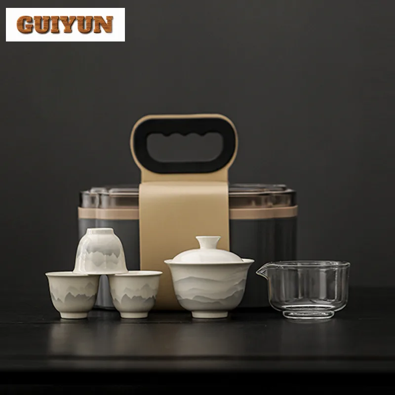 

Retro Ink Wash Landscape Portable Travel Tea Set Kit Luxury 1 Pot 3 Cups Tea Brewing Tea Set Store Water Tea Tray Handbag Teaset