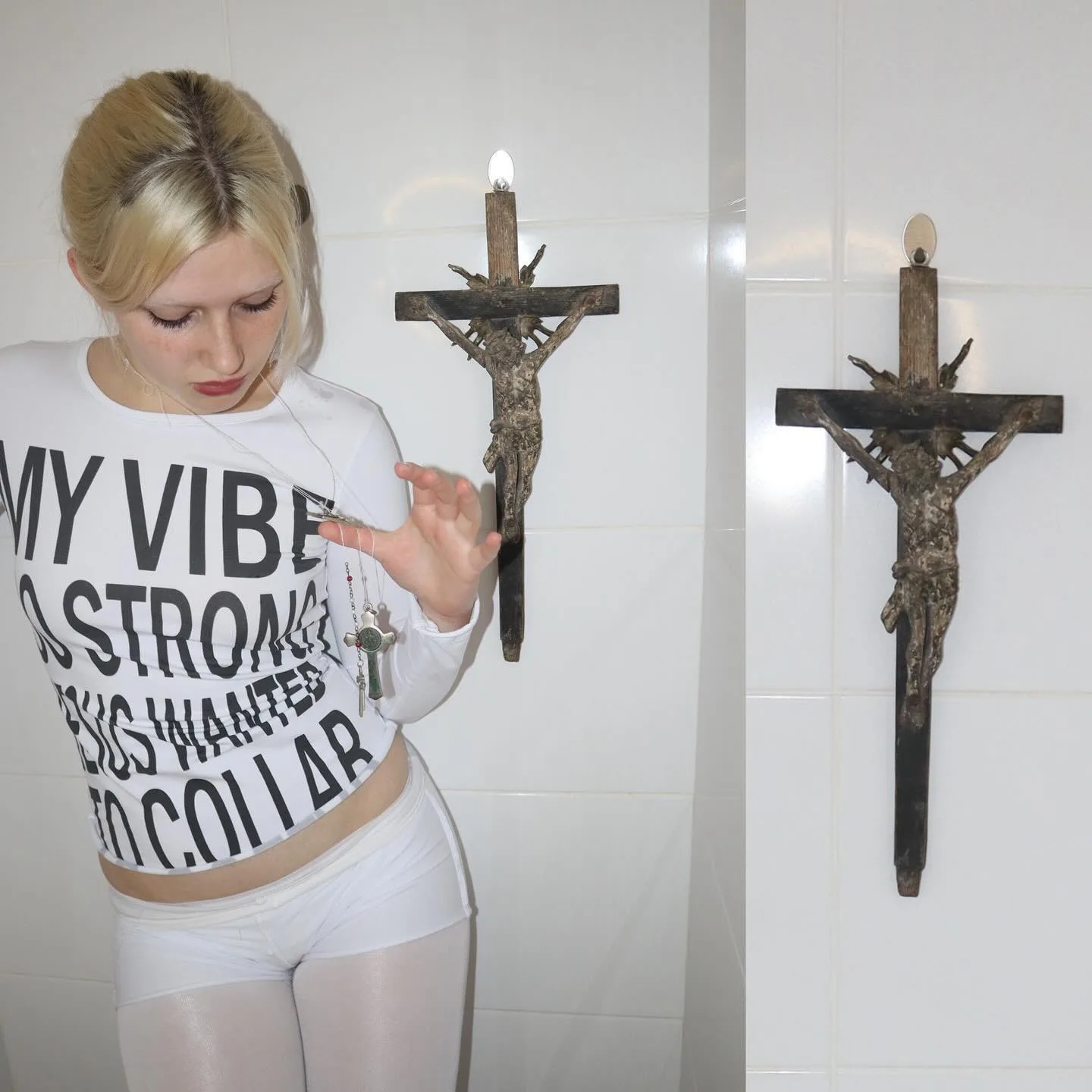 하라주쿠 에스테틱 스트리트 아메리칸 이모 빈티지 Y2K 여성 티셔츠 화이트 트래시 모노그램 프린트 크로스 패턴 긴팔 티셔츠