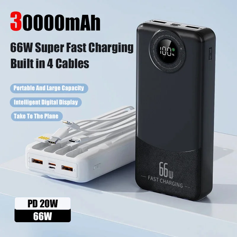 30000mAh Large Capacity Portable Power Bank With 4 Power Cords Supporting 66W Fast Charging Suitable For IPhone Xiaomi Samsung