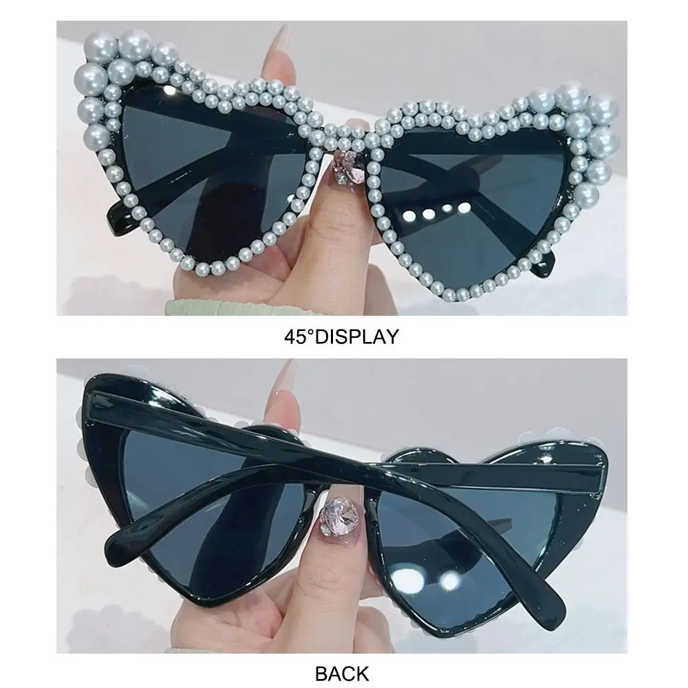 Heart-shaped Imitation Pearl Frame Sunglasses Halloween 90s UV400 Beach Party Sun Glasses Y2K Cat Eye Eyewear for Women & Men