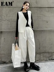 [EAM] Big Size Apricot Vest Wide Leg Pants Two Piece Suit New V-Neck Sleeveless Women Fashion Tide Spring Autumn 2024 1DH5147