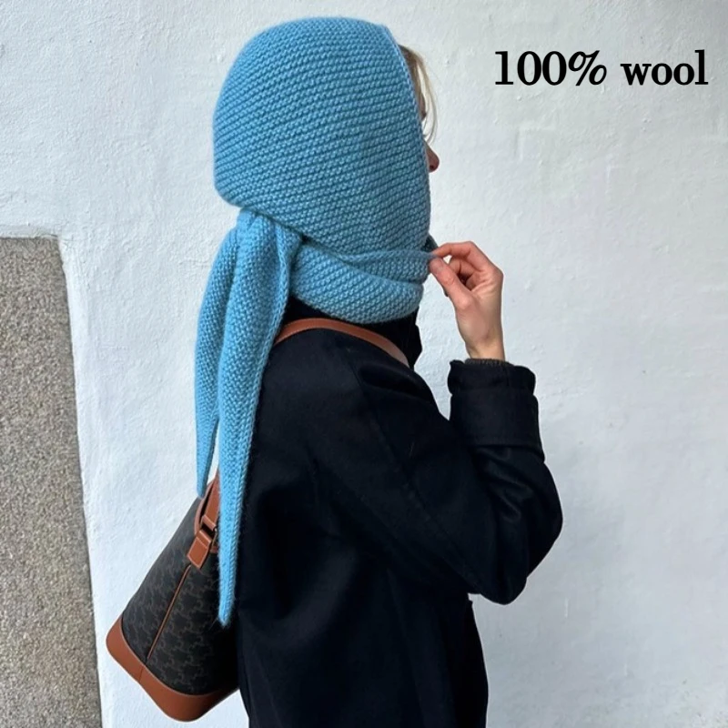 

100% шерсть, большой корейский шарф в стиле Ins, зимняя теплая женская простая шерстяная шапка-балаклава, ветрозащитная защита ушей, модная вязаная шапка