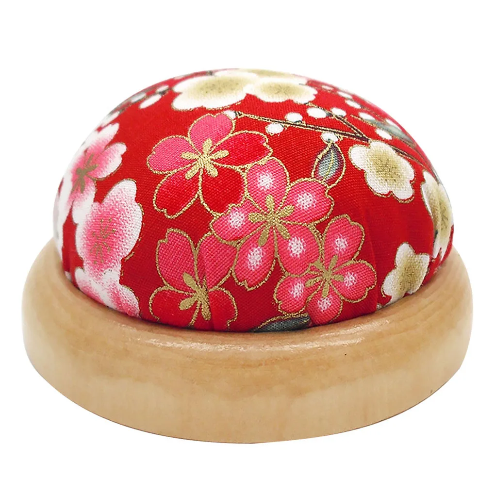 Wooden Base Sewing Cushion Polyester Printed Flower Pincushions Home Knitting Pin Holder, Red