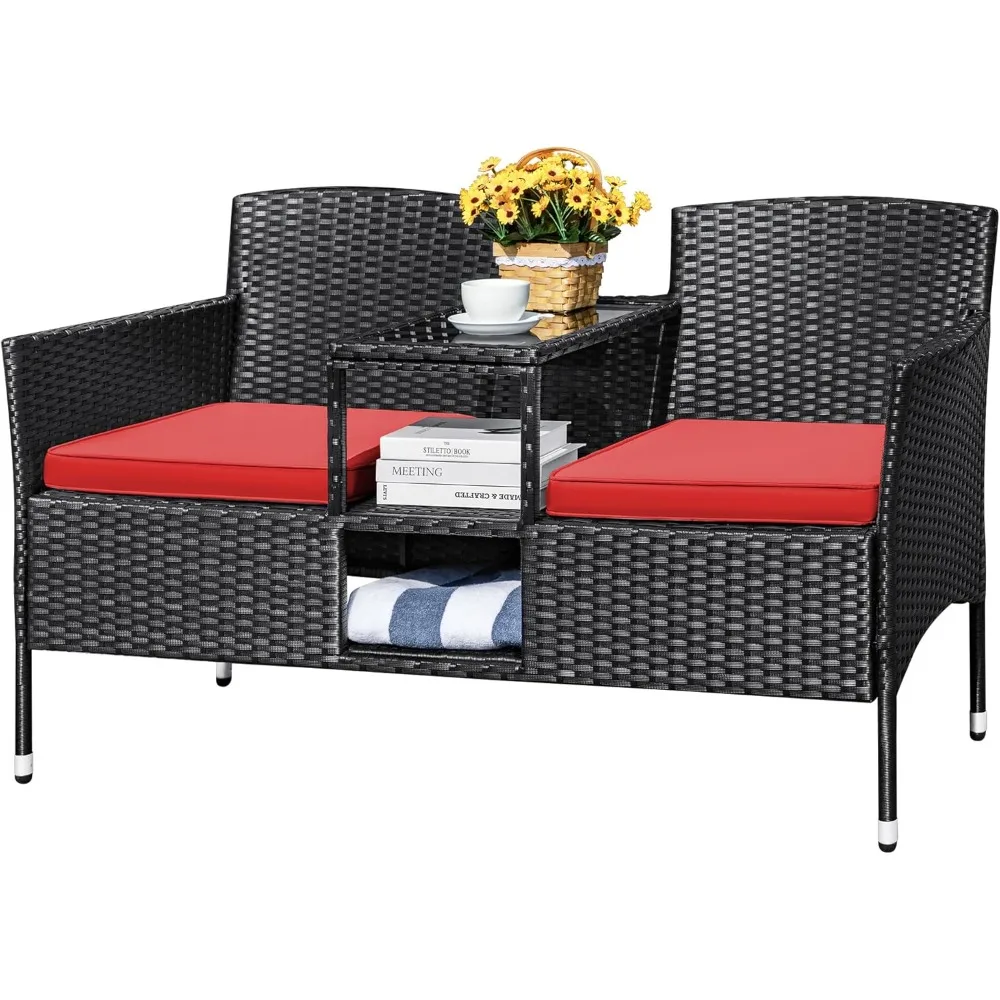 Outdoor Patio Chair,  Modern Rattan 2-Seat Patio Conversation Set with Cushions & Built-in Coffee Table Porch Furniture