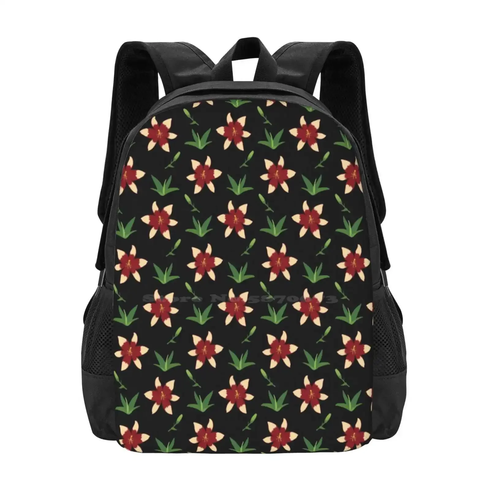 

Lily Blooms And Buds, Colorful Floral Pattern, Black Background Hot Sale Schoolbag Backpack Fashion Bags Lily Bloom Bud Flower