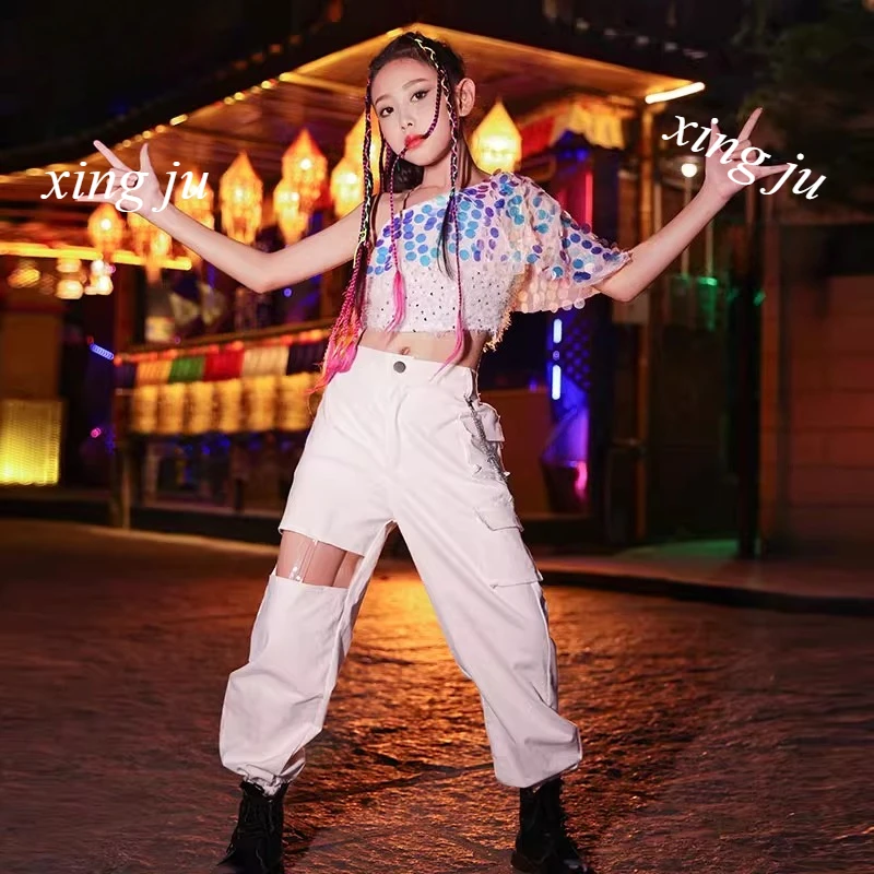 Kinder Hip Hop Aushöhlen Lose Hosen Jazz Dance Kostüm Mädchen Street Dance Pailletten Liebsten Sling Tops Kinder Bühne Zeigen Kleidung
