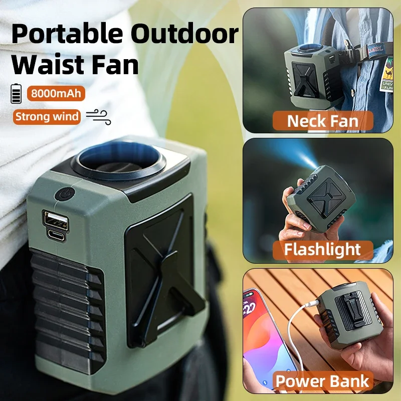 

8000mAh Outdoor Portable Waist Fan Hanging Neck Fan Strong Wind with Power Bank LED Lighting for Sports Courier Outdoor Working