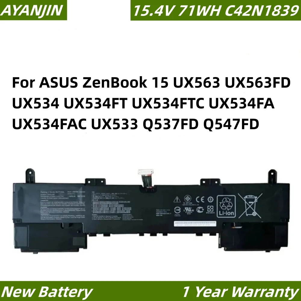 

C42N1839 15.4V 71WH Laptop Battery For ASUS ZenBook 15 UX563 UX563FD UX534 UX534FT UX534FTC UX534FA UX534FAC UX533 Q537FD Q547FD