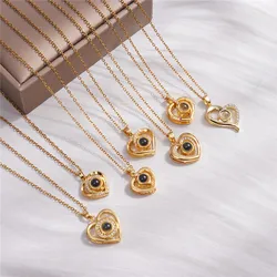 Classic Design Heart Zircon Pendant Necklace Stainless Steel Chain 100 Language I Love You Choker Jewelry Gifts For Women Girls