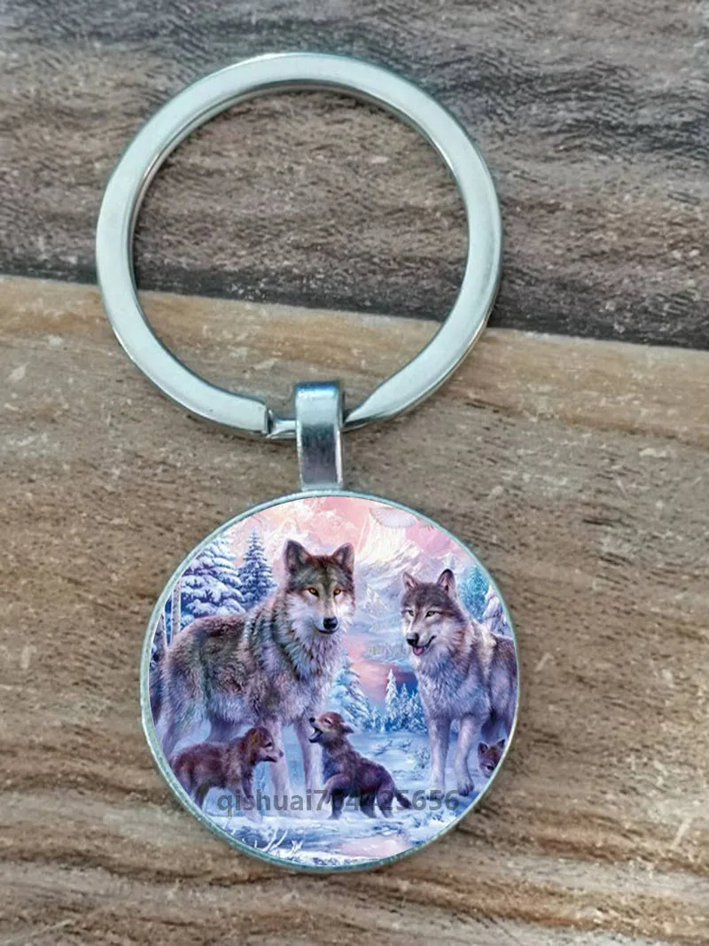Wolf Key Ring Howling Wolf And Moon Key Ring Single-Sided Glass Key Ring Wolf Head Pendant Key Ring