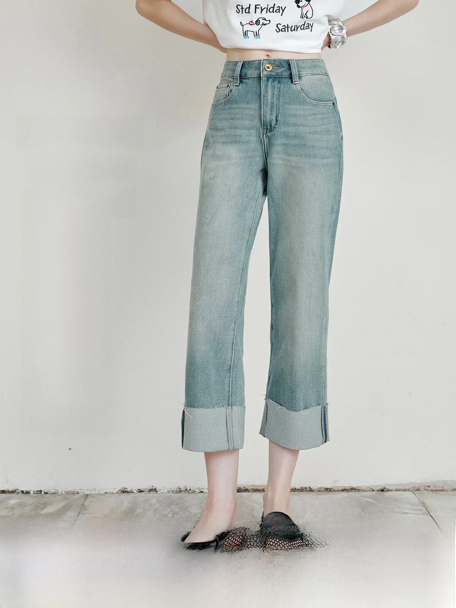 

Джинсы женские прямые с высокой талией, из хлопка и лайкры, стрейч, винтажные, с эффектом рулонных штанин, летние, тонкие, из девяти частей