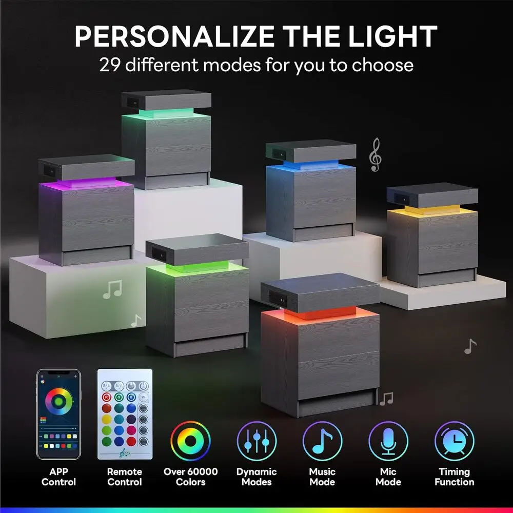 

LIKIMIO Night Stand with Charging Station, Modern Grey Nightstand with LED Light and Drawers, Bedside Tables & Table for Bedroom