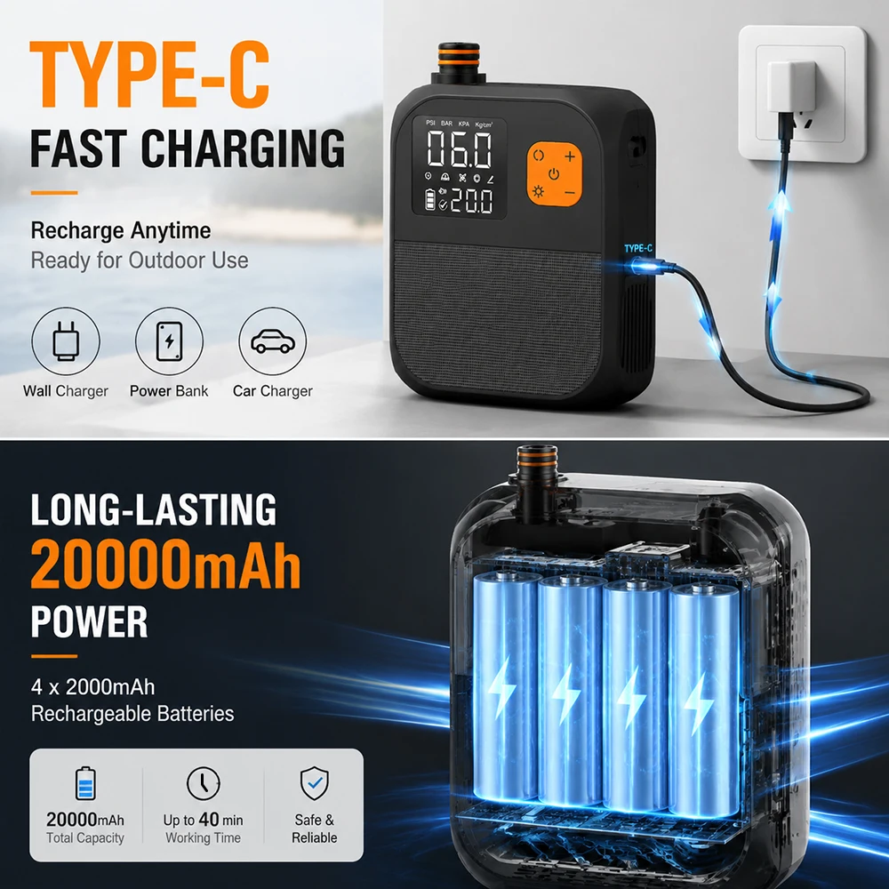 Touch Screen Wireless Inflatable Pump 20000mAh Portable Electric Tire Inflator for Kayaks Tents Paddle Boards