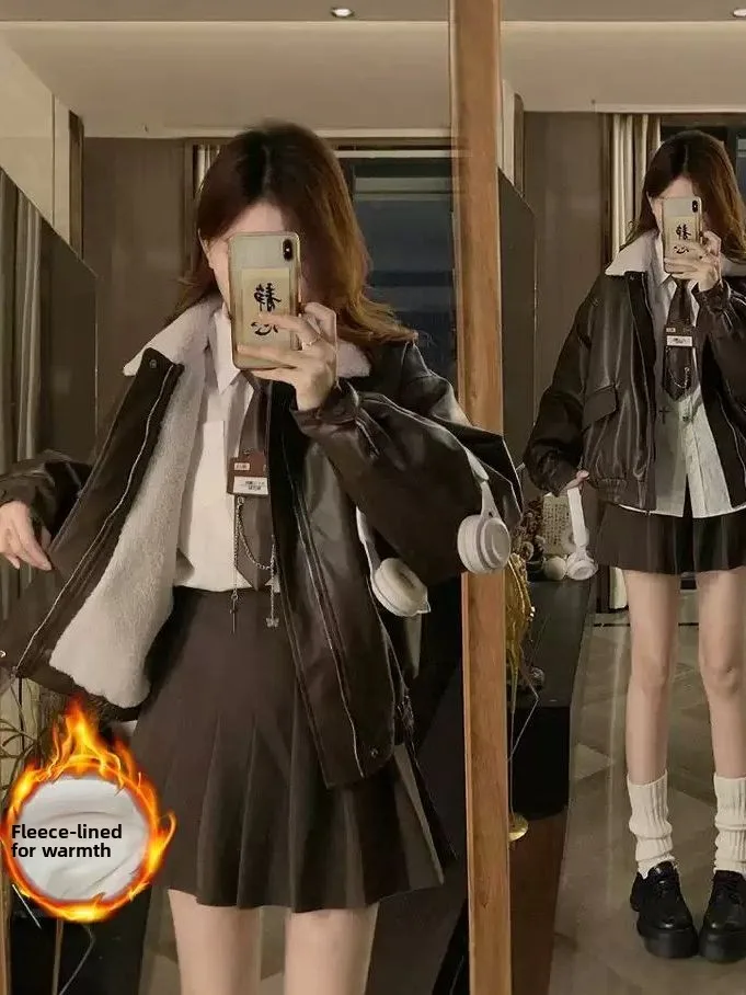 

American Sle Thiened Fce Lined Brown Leather Jaet Women's Autumn Winter Coat PU Leather Cotton Jaet ort Outerwear