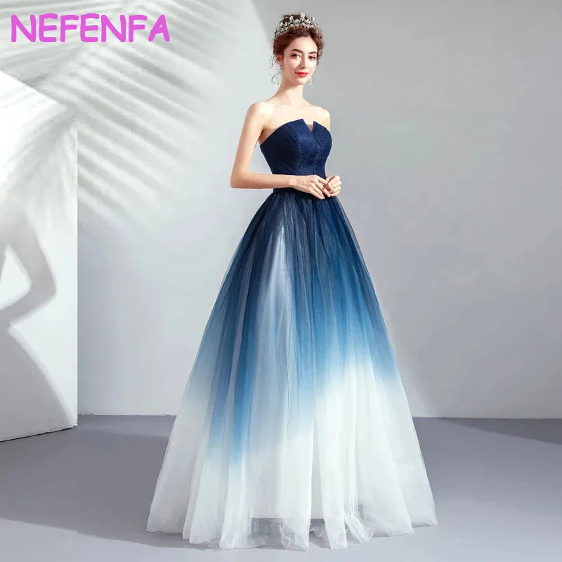 French Gradient Blue Strapless Long Evening Prom Dresses for Women 2024 Elegant Backless Party Dresses For Formal Occasions