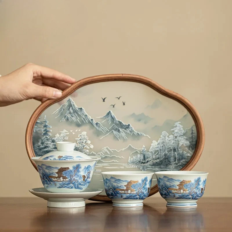 

Blue And White Landscape Handmade Ceramic Sancai Tea Complete Zen Tea Ceremony Set Teapot And Cup Set Services