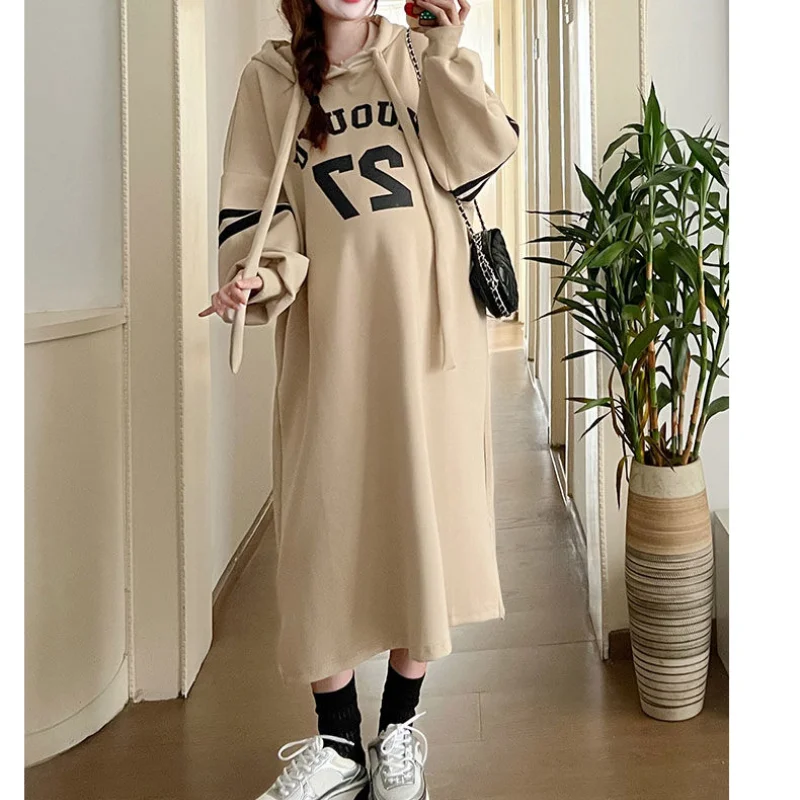Lazy Style Women Oversized Casual Hoodie Long Dress Print Letter Autumn Winter Fashion New Female Clothing Long Sleeve Dresses